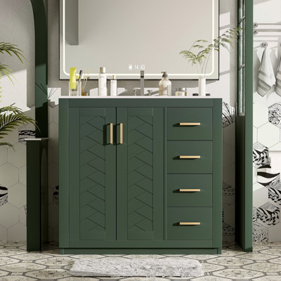 36'' Bathroom Vanity With Ceramic Sink Combo, Solid Wood Frame Bathroom Storage Cabinet, Freestanding Vanity Set With 3 Drawers& Soft Closing Doors