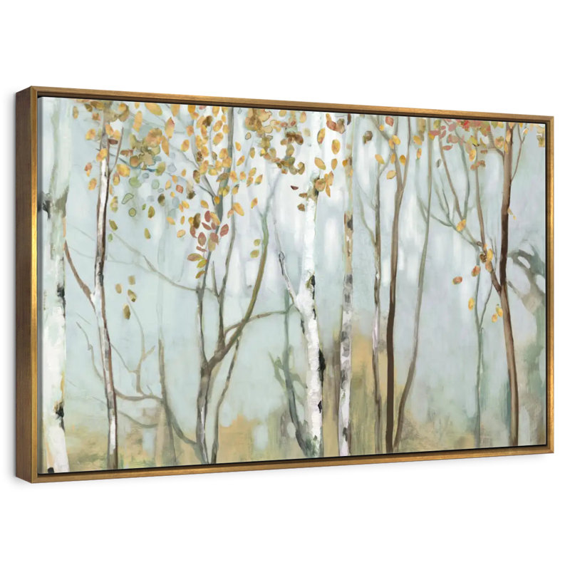 Bouleau dans le brouillard II, Cadre flottant doré, 25 po x 17 po
