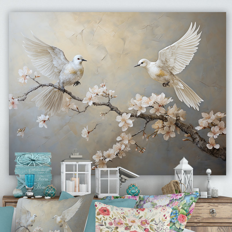 «White and Grey Birds Floral Serenity I», art mural oiseau, Toile tendue, H 30 po x l 40 po x P 1,5 po