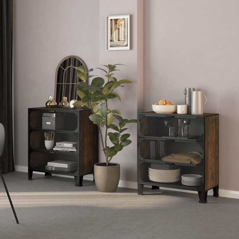 Storage Cabinet File Cabinet with Doors for Living Room Metal and MDF, Rustic Brown/Black