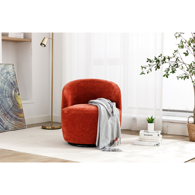 Fauteuil pivotant en tissu chenille avec pivot à 360 degrés, orange, dossier rembourré de mousse, structure en bois rembourrée, rotation