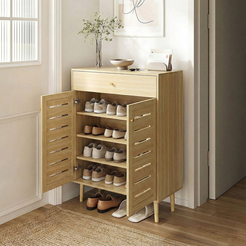 Range-chaussures avec tablettes réglables, tiroir supérieur, Bois brun foncé