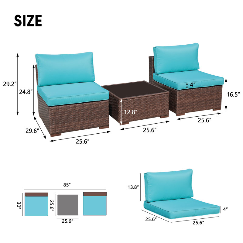Aksh Wicker 2 - Person Patio Conversation Set with Cushions, Brown Frame/Blue Cushion