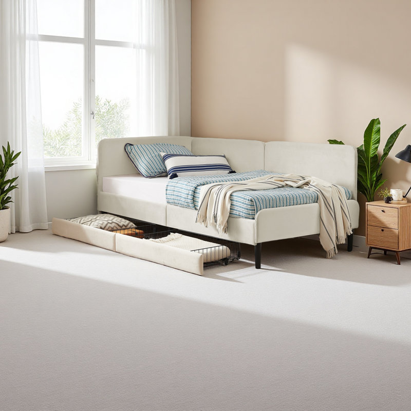 Upholstered Platform Bed Frame With 2 Storage Drawers, Adjustable Velvet Sofa Bed, Beige, Twin