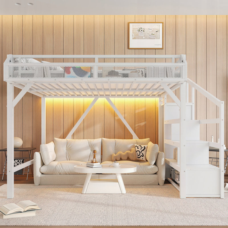 Loft Bed with Storage Stairs, Shelves and Built-in Wardrobe, White, Queen