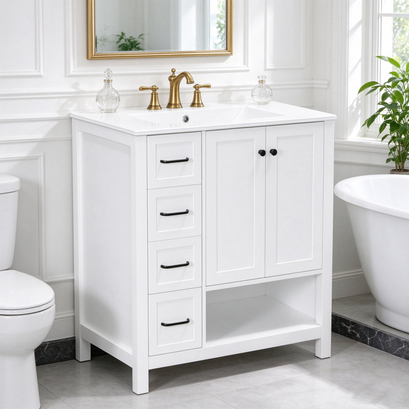 Meuble-lavabo 30 po avec comptoir en céramique, 2 tiroirs et tablette ouverte, Blanc