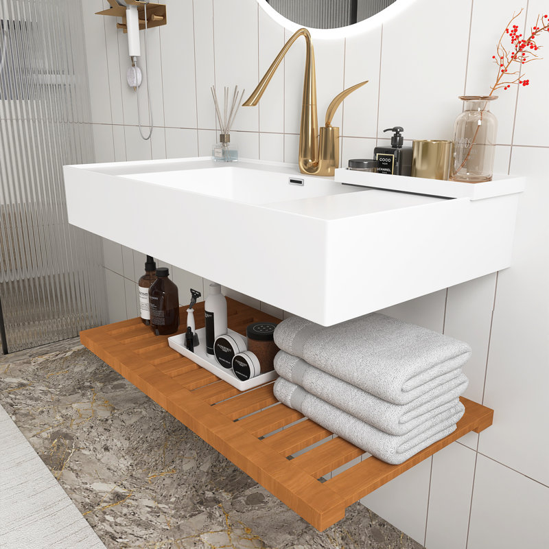 Wall-Mounted Floating White Rectangular Acrylic Integrated Basin With Striped Shelves Layer Bathroom Vanity In Dark Walnut