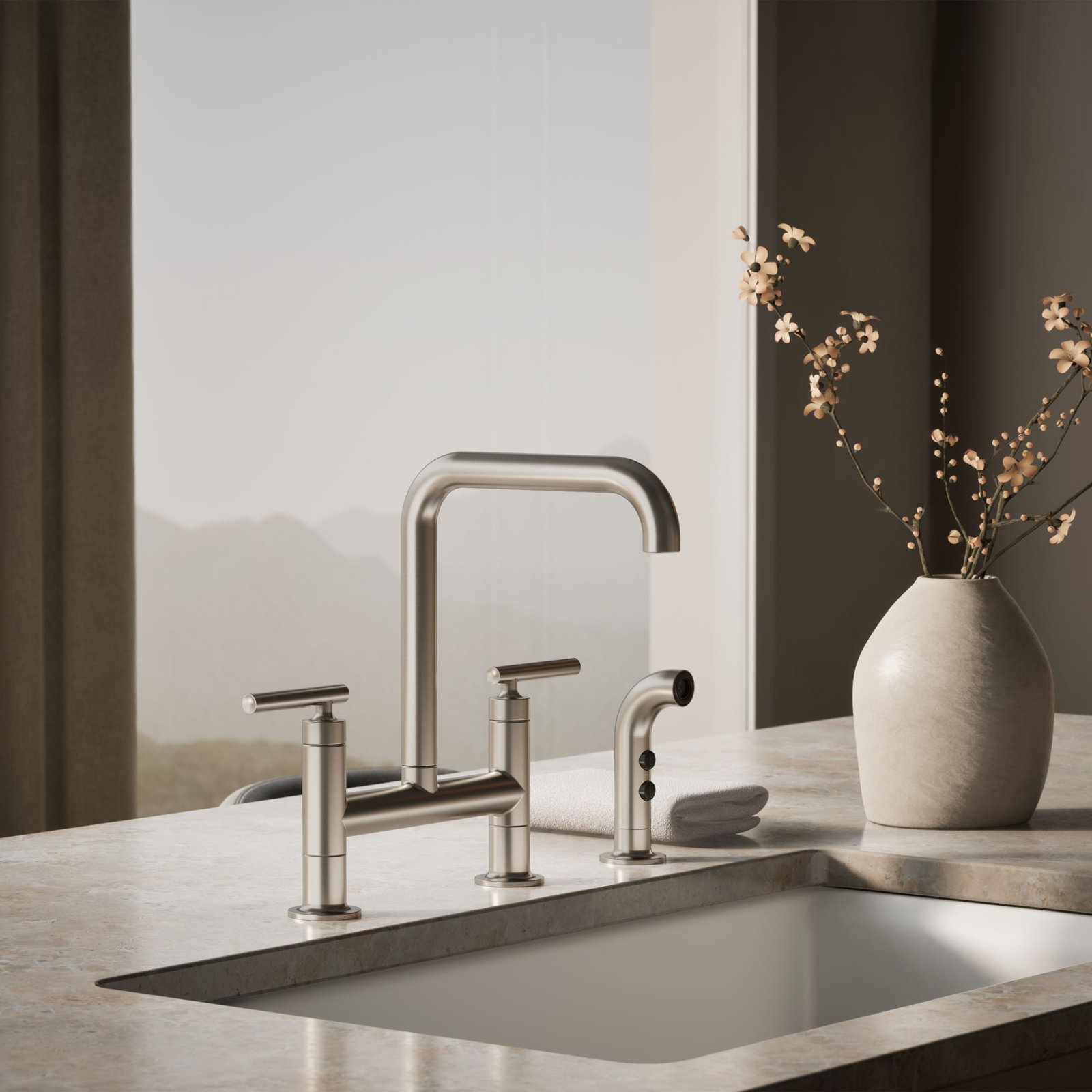 Kohler Purist Bridge Faucet with Sidespray, Vibrant Stainless
