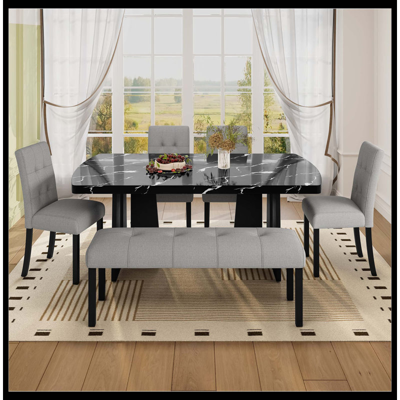 Modern Tufted Linen Dining Bench, Farmhouse Upholstered Entryway Bench With Black Rubber Wood Legs, Versatile For Kitchen, Bedroom, Hallway, Gray