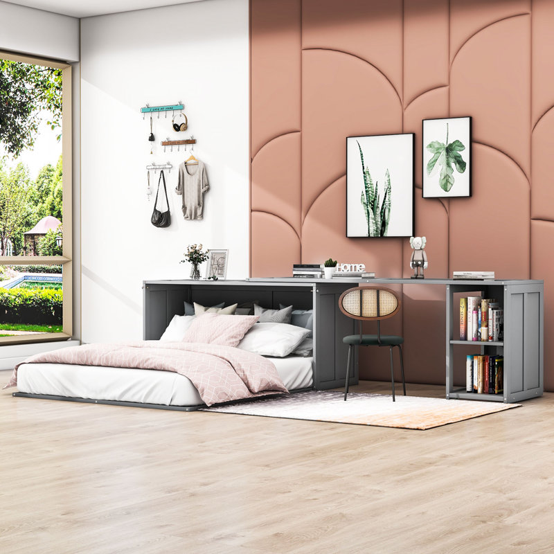 Grand lit escamotable avec bureau rotatif Calletano, gris