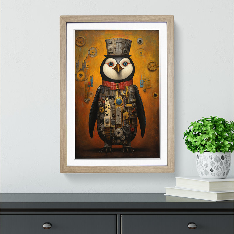 Penguin Informel - Single Picture Frame Print on Wood, Oak Framed, 34cm H x 25cm W x 2cm D