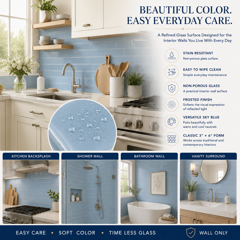 Carrelage mosaïque en verre bleu ciel Wind 3 "x 6", Frosted Sky Blue - 1 Sheet (1 Sq Ft)