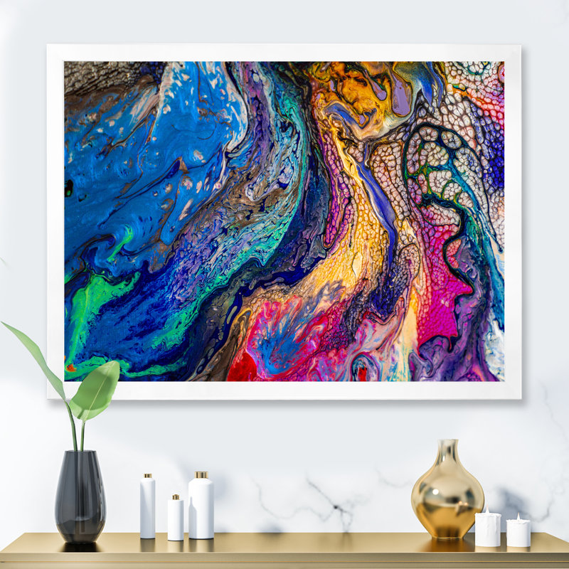 Rouge rouge bleu et jaune marbre - peinture sur toile, H 12 po x l 20 po, Cadre de coin blanc fermé