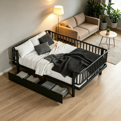 Platform Bed Frame With Storage Drawers, Metal Daybed With Safety Round-Pipe Design, Low-Profile Platform Bed