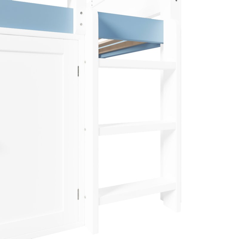 Lit mezzanine double avec auvent et rangement, design pastel doux, tablettes intégrées pour ranger les fournitures, ambiance de chambre à coucher confortable, rangement pour armoires