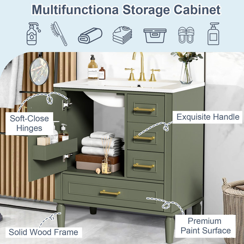 Meuble-lavabo moderne avec lavabo en céramique, Vert olive