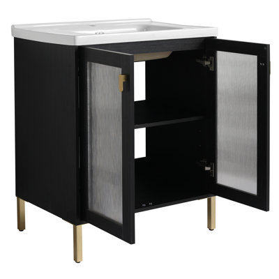 Meuble-lavabo de salle de bain avec lavabo en céramique. Armoire autoportante en contreplaqué 28 po en châtaignier noir et porte à fermeture silencieuse. Cabinet. Surface de l'évier