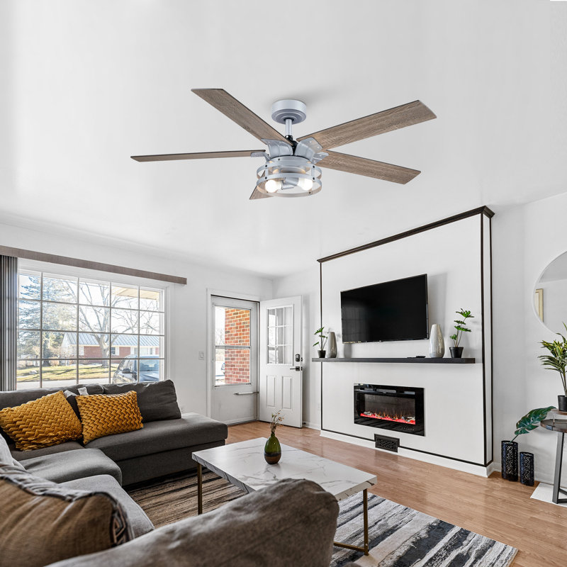 Rish 52'' Ceiling Fan with Light Kit, Silver with Oak/Driftwood Blades