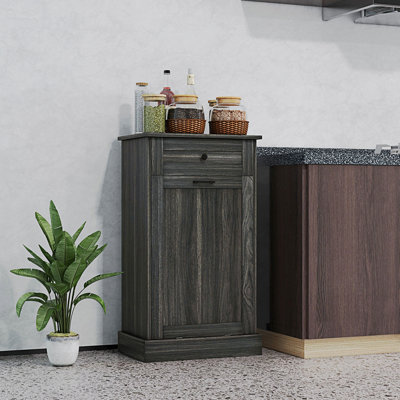 Kitchen Tilt Out Trash Bin Cabinet Free Standing Recycling Cabinet Trash Can Holder With Drawer, Light Gray