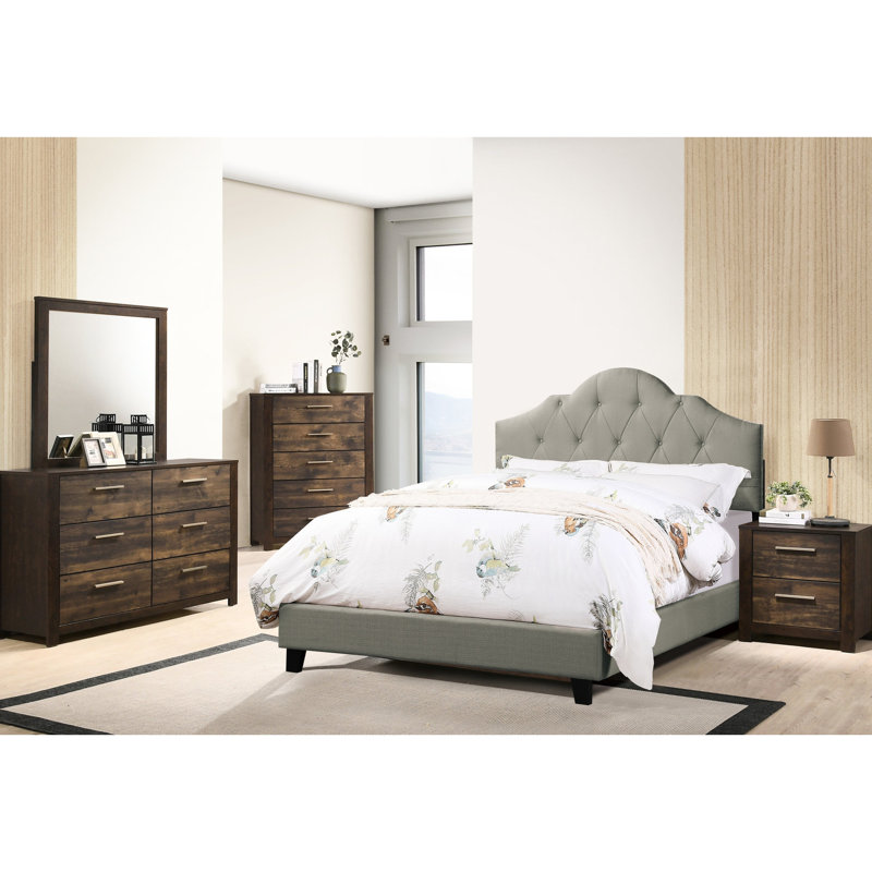 Grand lit avec tête de lit tapissier gris, cadre de lit arqué en bois, lit contemporain ajustable, polyfibre