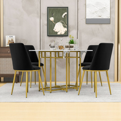 5-Piece Extendable Dining Set with Round Faux Marble Table and 4 Upholstered Chairs -  George Oliver, 9E7E9D426FDD4C6F8AFEB63906D6301F