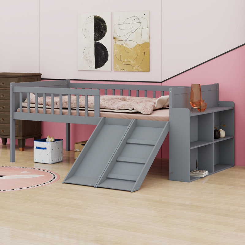 Structure de lit plateforme avec tablette de rangement, glissoire, échelle et barrière de sécurité, Gris