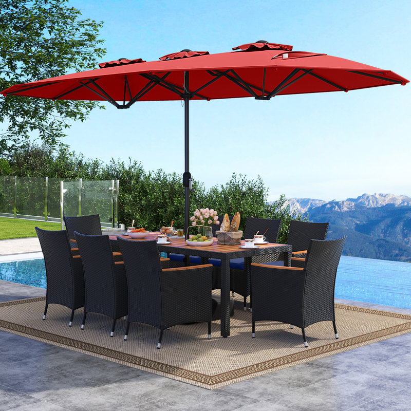 11 PCS Patio Wicker Dining Set with Double-Sided Outdoor Umbrella 8 Stackable Chairs, Navy, Red