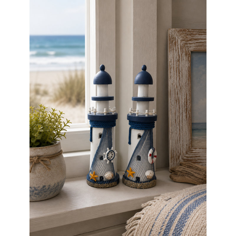 Ensemble de 2 décorations différentes sur des figurines de phare, H 10,8 po x l 3,5 po x P 3,5 po, Blanc-bleu