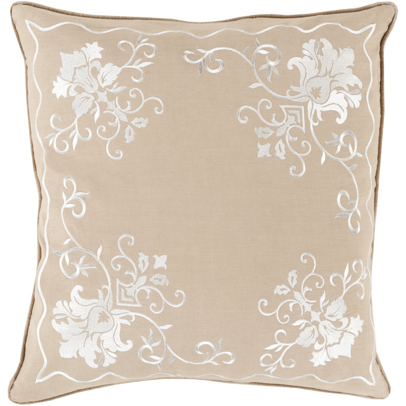 Floral Throw Pillow, 20" H x 20" W x 4" D, Ivory/Taupe, Polyester