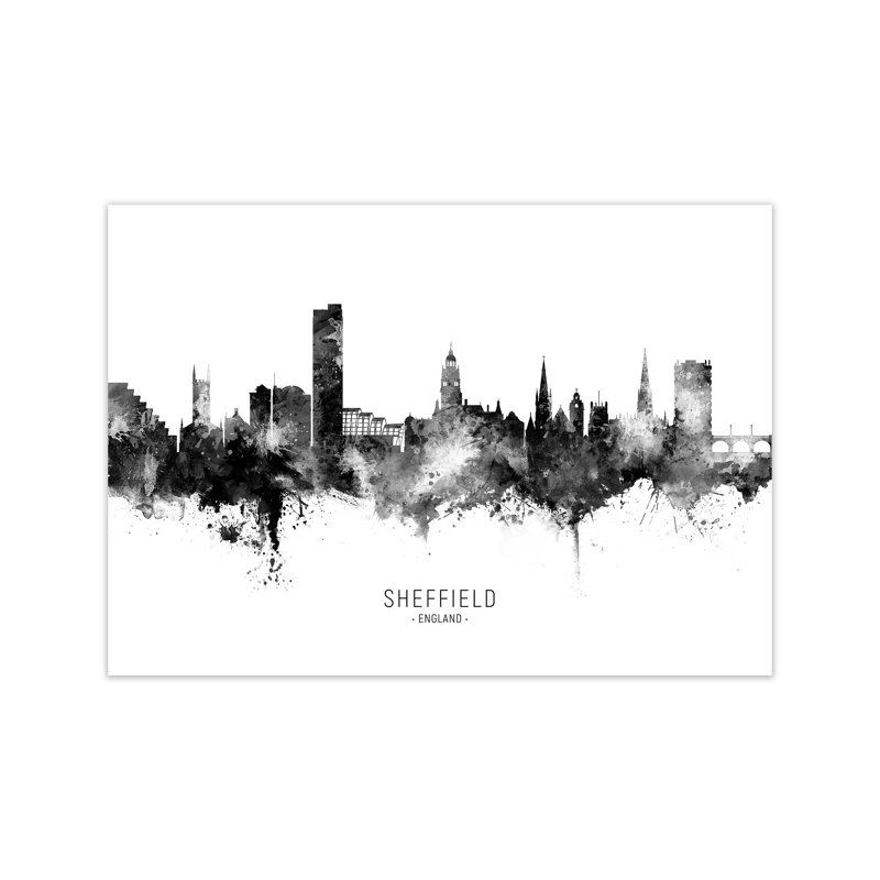 Sheffield England Skyline Black White City Name by Michael Tompsett - Print, 30cm H x 42cm W x 1cm D, Unframed