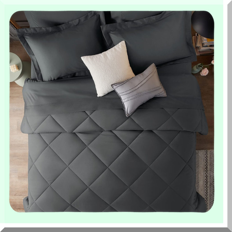 All Season Dark Grey Comforter Set - 7 Piece Bed in a Bag with Sheets - California King Bedding Set includes Comforter, Shams, Flat Sheet, Fitted Sheet, Pillowcases.