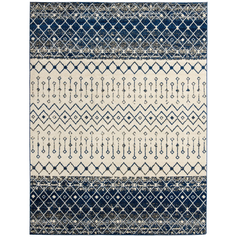Tapis abstrait en polypropylène tissé à la machine Bradley-Joe en ivoire / bleu marine, Rectangle 10 pi x 13 pi