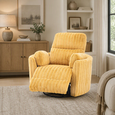 Fauteuil inclinable oscillant électrique contemporain jaune avec pivot, accoudoirs courbés et rembourrage de coussins pour un salon confortable
