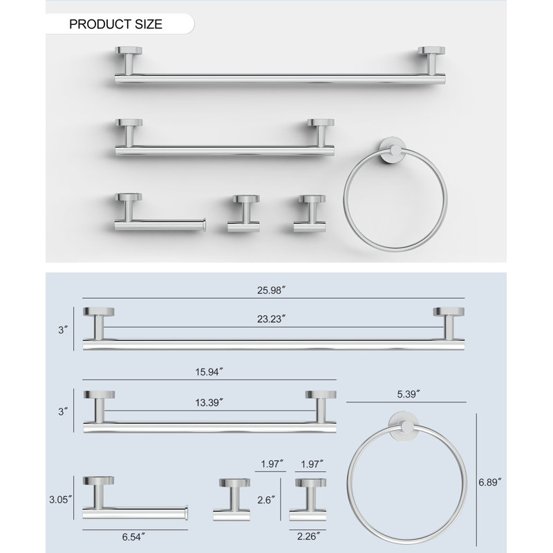 Bathroom Hardware Set 6-Piece Bath Hardware Set With Towel Bar, Towel Ring, Robe Hook, Toilet Paper Holder, Chrome