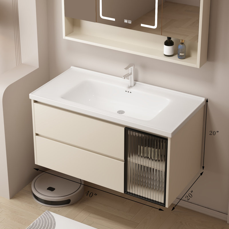 Meuble-lavabo mural 40 po avec lavabo en céramique, 2 tiroirs à fermeture en douceur et 1 porte (kaki)