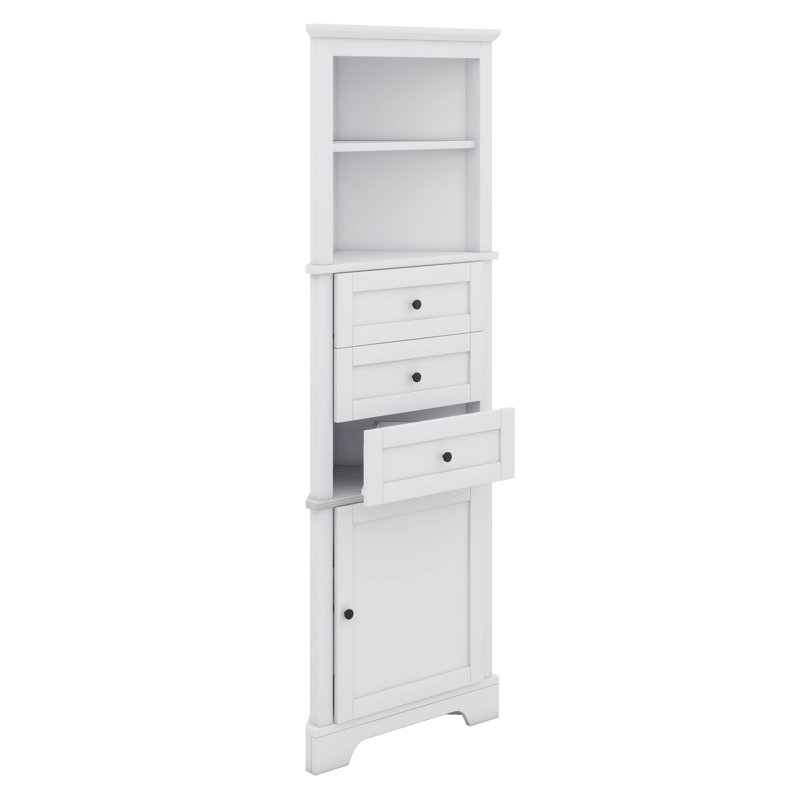 Tall Triangular Corner Cabinet With Triple Drawers And Customizable Shelves For Bathroom Kitchen, White