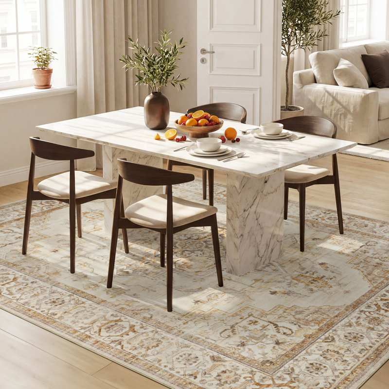Soft Machine Washable Vintage Distressed Medallion Area Rug For Living Room, Bedroom With Non-Slip Backing In Beige/Cream