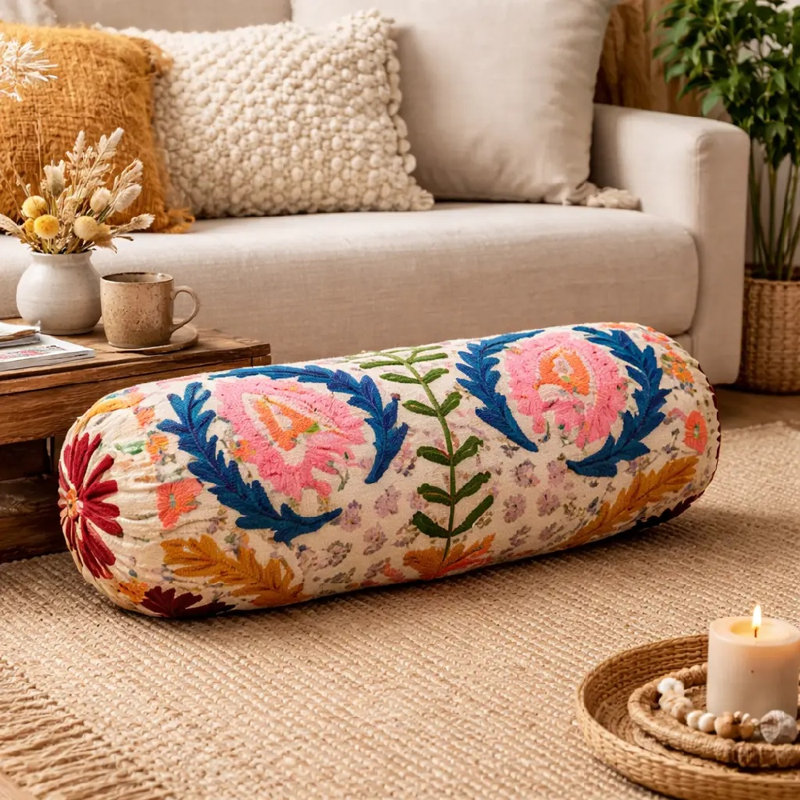 Coussin lombaire en coton brodé à la main avec insert en polyester, coussin décoratif décoratif pour canapé-lit Aari