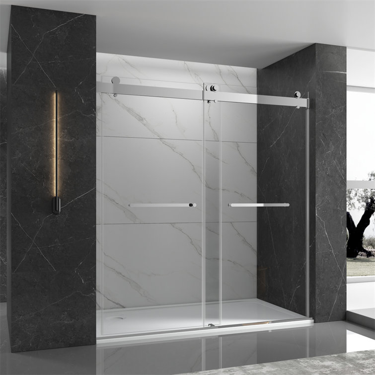 60" W x 76" D x 76" H Tempered Glass Frameless Shower Stall with Soft-closing
