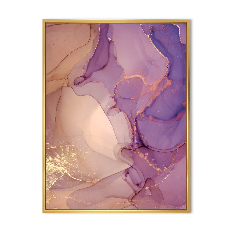 Nuage d'encre de marbre mauve et jaune - peinture sur toile, H 40 po x l 30 po x P 1,5 po, Cadre flottant doré