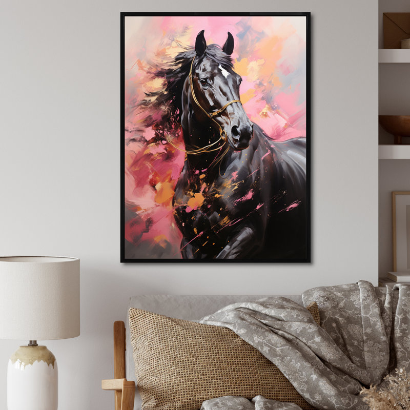 Pink Black Horse Vibrant Pink Equine - Print on Canvas, 20" H x 12" W x 1" D, Black Floater Framed