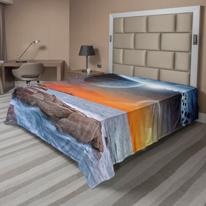 Ambesonne Universe Top Flat Sheet Planet Landscape View Orange Umber Blue, King