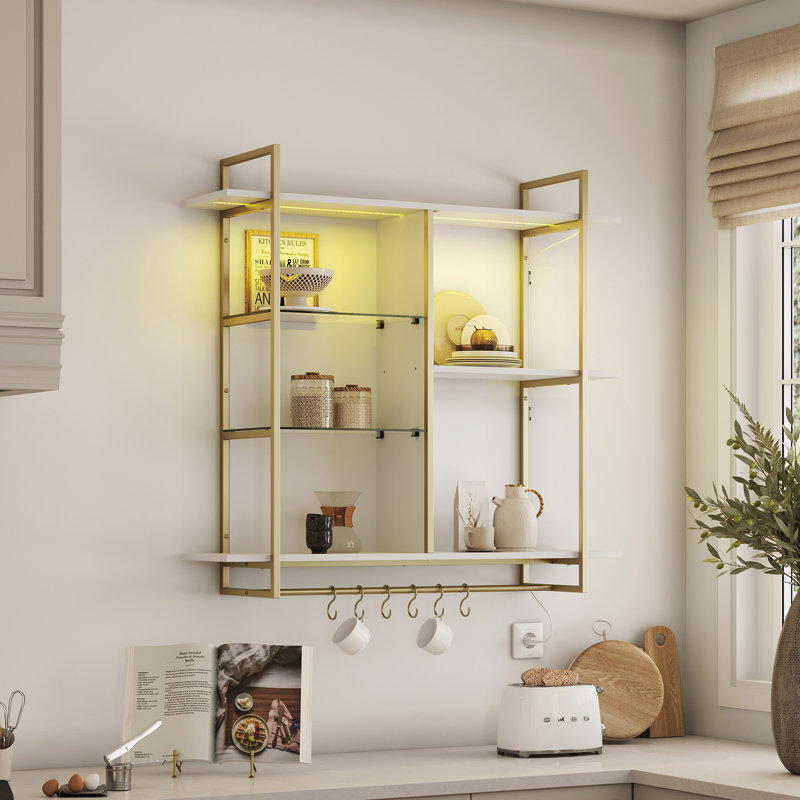 Floating Shelves for Wall with Lights and 6 Hooks