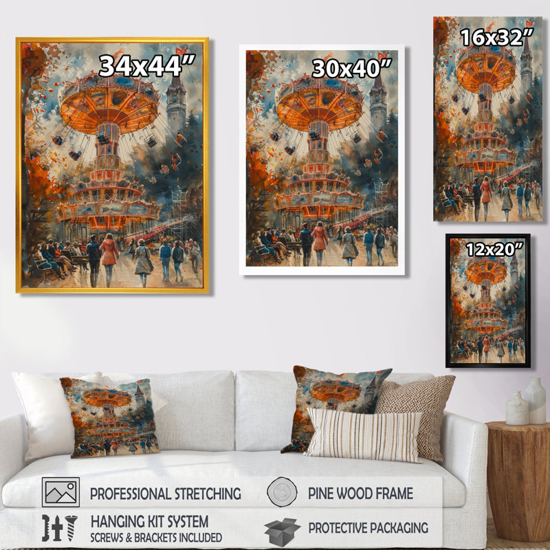  «Yellow Gray Vintage Carousel Amusement Parks II - Amusement Parks Wall Art Living Room, Cadre flottant brun