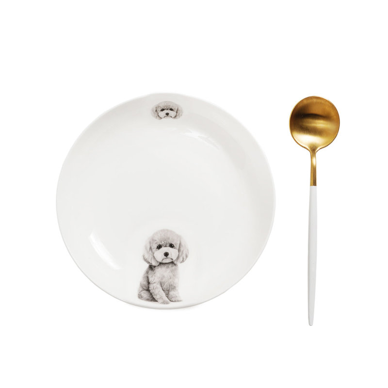 Ensemble de 8 assiettes en porcelaine à imprimé latéral - Caniche (gris)