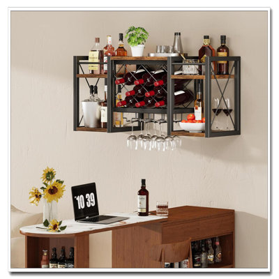 Wall Mounted Wine Rack With Glass Holder - Wood-Metal Retro Bar Shelf For Kitchen Home Bar by Trent Austin Design