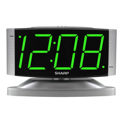 Sharp LED Digital Alarm Clock Green LED Display Silver Case Swivel Base