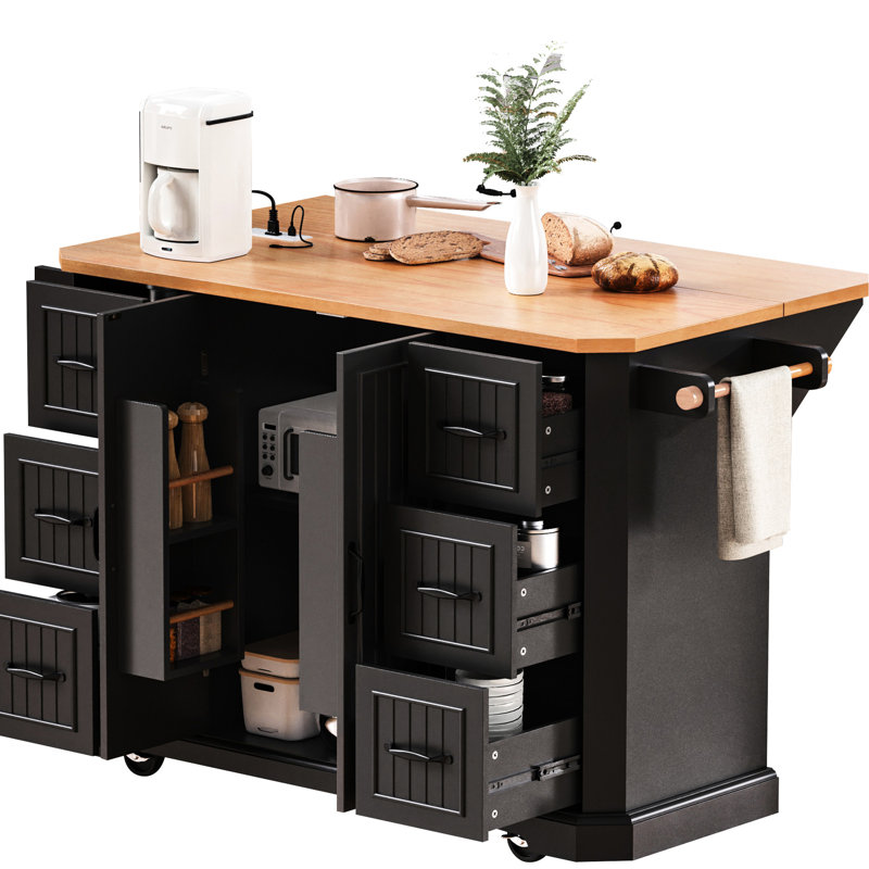 Black Kitchen Storage Island With Drop Leaf & 4 Door Shelves 56" Cart Charging Station Shelves,, Black