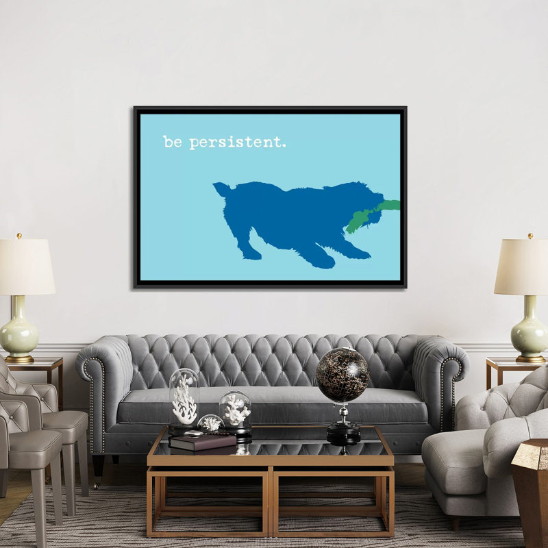 «Be Persistent, Blue On Blue» par Dog is Good and Cat is Good - reproduction d'art sur toile tendue, Toile avec cadre noir