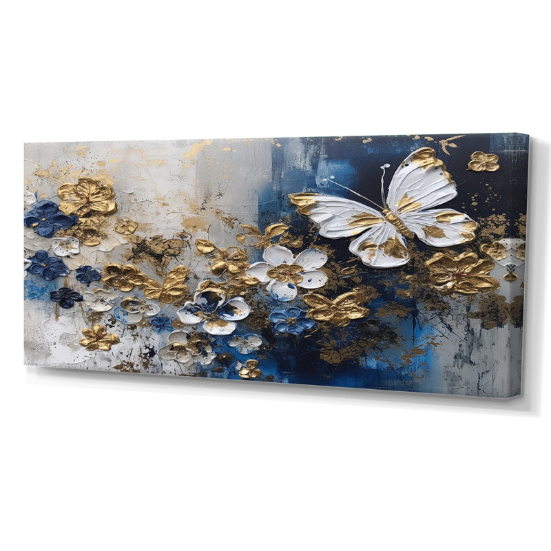 Rynisha, ailes de papillon bleu doré et fleurs I - art mural floral, Toile tendue, H 28 po x l 60 po x P 1,5 po